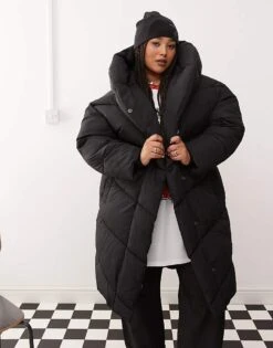 Noisy May Curve Longline Padded Coat With Oversized Hood In Black For Women -Noisy May Shop 206573762 3
