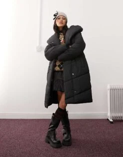 Noisy May Longline Padded Coat With Oversized Hood In Black For Women