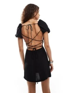 Noisy May Puff Sleeve Tie Back Mini Dress In Black For Women -Noisy May Shop 206696287 4