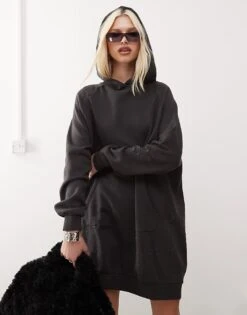 Noisy May Distroyed Hoodie Dress In Charcoal For Women Obsidian -Noisy May Shop 206744301 4