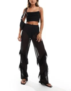Noisy May Frill Hem Mesh Trouser In Black For Women