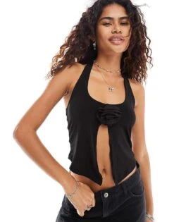 Noisy May Halter Open Front Top With Rose Detail In Black For Women