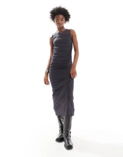 Noisy May Rushed Detail Midaxi Dress In Charcoal For Women Obsidian
