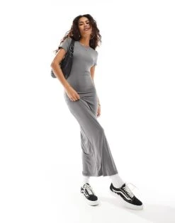 Noisy May Short Sleeve Maxi Dress In Grey For Women Charcoal Gray