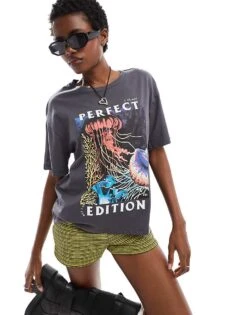 Noisy May Relaxed Fit T-shirt With Perfect Print In Dark Grey For Women