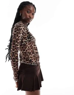Noisy May Mesh Long Sleeve Top In Leopard Print For Women Natural