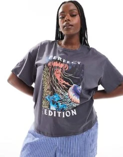 Noisy May Curve T-shirt With Perfect Print In Black For Women Asphalt -Noisy May Shop 206814924 1 asphalt 1