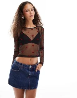 Noisy May Long Sleeve Mesh Top With Lip Flocking In Black For Women Black W Red Lips