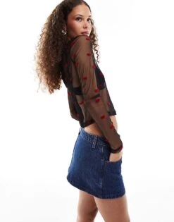 Noisy May Long Sleeve Mesh Top With Lip Flocking In Black For Women Black W Red Lips -Noisy May Shop 206879401 4