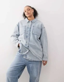 Noisy May Curve Denim Overshirt In Lightwash Blue For Women Light Blue Denim