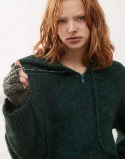 Noisy May Knitted Zip Through Hoodie In Green Melange For Women Rainforest -Noisy May Shop 206879441 4