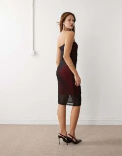 Noisy May Mesh Overlay Midi Bandeau Dress In Black & Red For Women -Noisy May Shop 206879456 3