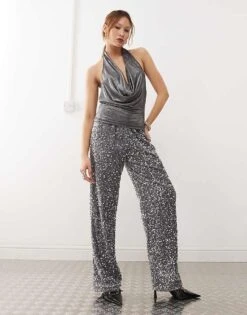 Noisy May Wide Leg Sequin Trouser In Silver For Women -Noisy May Shop 206879472 1 silver 1