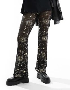 Noisy May Wide Leg Mesh Trouser In Black With Gold Cosmic Foil For Women