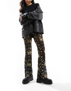 Noisy May Wide Leg Mesh Trouser In Black With Gold Cosmic Foil For Women -Noisy May Shop 206879506 4