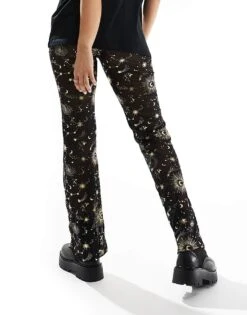 Noisy May Wide Leg Mesh Trouser In Black With Gold Cosmic Foil For Women -Noisy May Shop 206879506 5