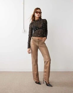 Noisy May Lettuce Edge Mesh Top With Moon Print In Black For Women -Noisy May Shop 206879535 3