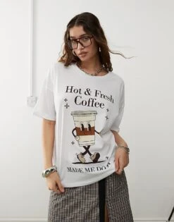 Noisy May Oversized T-shirt With Hot Cofffee Print In White For Women -Noisy May Shop 206879726 1 white 1