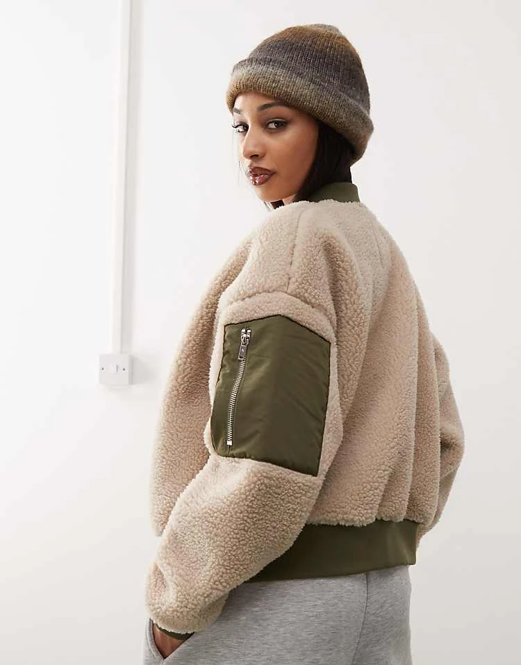 Noisy May Faux Shearling Bomber Jacket In Beige For Women Birch 2 Noisy May Faux Shearling Bomber Jacket In Beige For Women Birch - Image 2