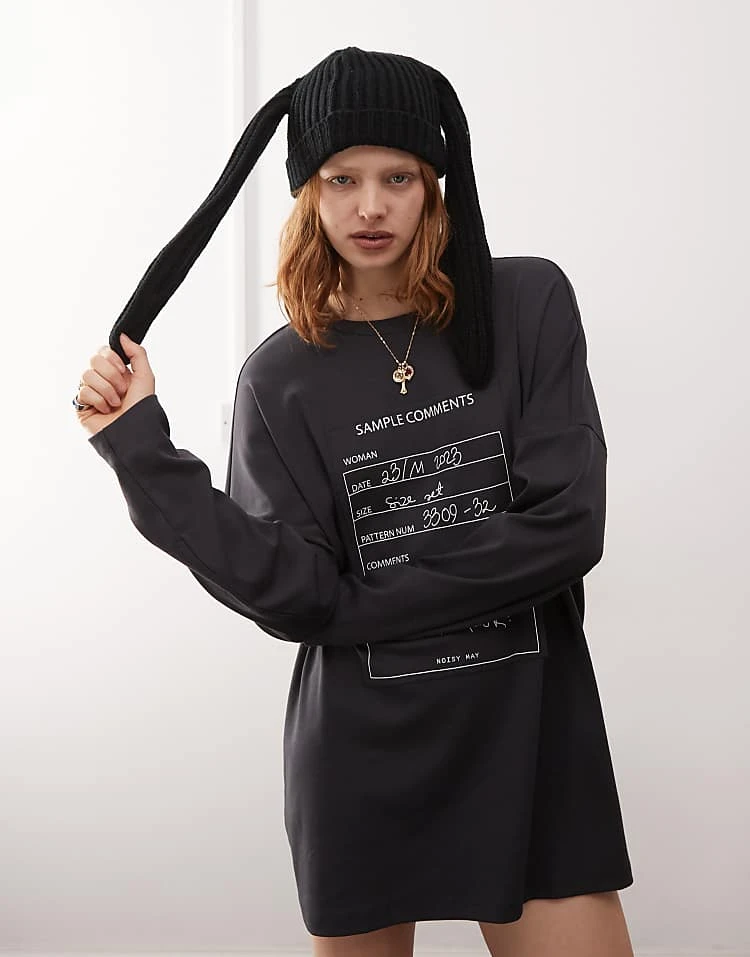 Noisy May Oversized T-shirt Dress With Sample Graphic In Dark Grey For Women Obsidian 4 Noisy May Oversized T-shirt Dress With Sample Graphic In Dark Grey For Women Obsidian - Image 4