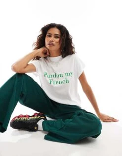 Noisy May T-shirt With French Graphic In White For Women Bright White -Noisy May Shop 206897517 3