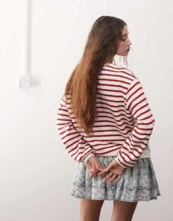 Noisy May Long Sleeve Heavyweight Top In White And Red Stripe For Women Racing Red -Noisy May Shop 206897552 4