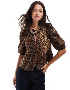 Noisy May Tie Front Top In Leo Print For Women Natural -Noisy May Shop 207121483 1 natural 1