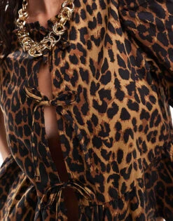 Noisy May Tie Front Top In Leo Print For Women Natural -Noisy May Shop 207121483 3