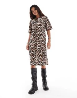 Noisy May Midi T-shirt Dress In Leo Print For Women Natural