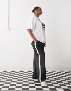 Noisy May Curve Wide Leg Jogger With Side Stripe In Black For Women