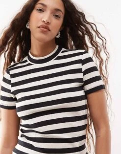 Noisy May Short Sleeve Rib Top In Black And Cream Stripe For Women