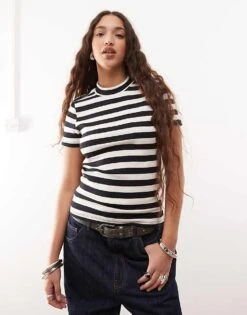 Noisy May Short Sleeve Rib Top In Black And Cream Stripe For Women -Noisy May Shop 207372382 3