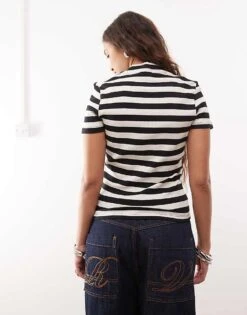 Noisy May Short Sleeve Rib Top In Black And Cream Stripe For Women -Noisy May Shop 207372382 4