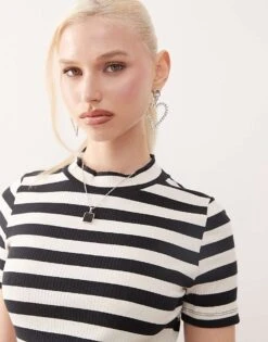 Noisy May Short Sleeve Skater Dress In Black & White Stripe For Women Birch Black -Noisy May Shop 207372406 3