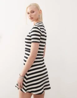 Noisy May Short Sleeve Skater Dress In Black & White Stripe For Women Birch Black -Noisy May Shop 207372406 4