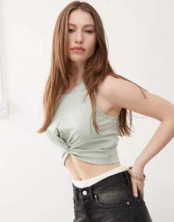 Noisy May Twist Front Crop Top In Pale Sage For Women Aqua Grey