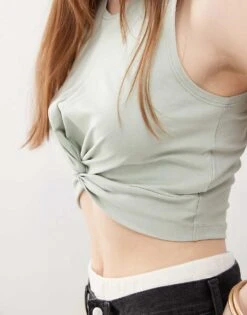 Noisy May Twist Front Crop Top In Pale Sage For Women Aqua Grey -Noisy May Shop 207372423 3
