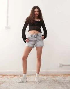 Noisy May Moni High Waisted Denim Shorts In Light Grey For Women