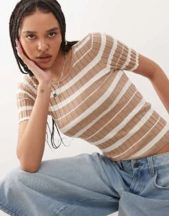 Noisy May Short Sleeve Rib Knit Top In Beige And Cream Stripe For Women -Noisy May Shop 207372460 3