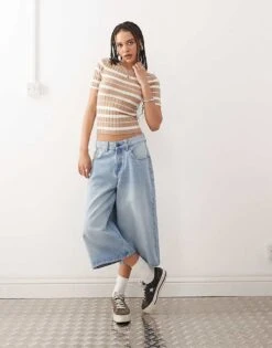 Noisy May Short Sleeve Rib Knit Top In Beige And Cream Stripe For Women -Noisy May Shop 207372460 4