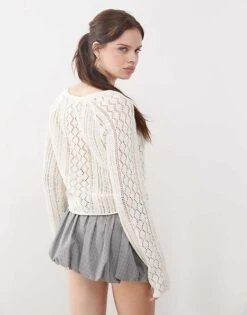 Noisy May Open Knit Ruched Side Top In Off White For Women -Noisy May Shop 207372470 3