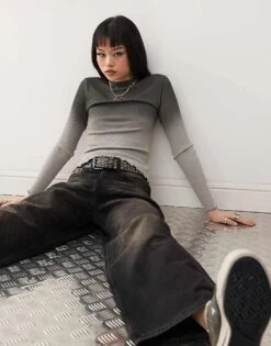 Noisy May Ribbed Long Sleeve Lettuce Edge Top In Grey Fade For Women