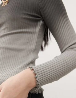 Noisy May Ribbed Long Sleeve Lettuce Edge Top In Grey Fade For Women -Noisy May Shop 207372485 4