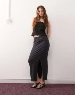 Noisy May Twist Front Maxi Skirt With Split Hem In Dark Grey For Women -Noisy May Shop 207372499 3