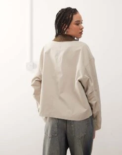 Noisy May Contrast Collar Lightweight Barn Jacket In Stone For Women -Noisy May Shop 207372549 4