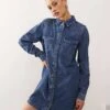 Noisy May Long Sleeve Denim Dress In Mid Blue For Women