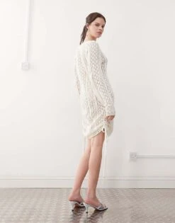 Noisy May Open Knit Ruched Tie Side Dress In Off White For Women