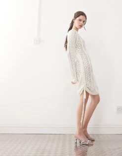 Noisy May Open Knit Ruched Tie Side Dress In Off White For Women -Noisy May Shop 207372620 4