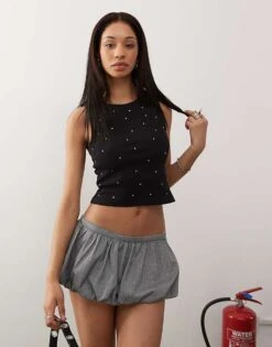 Noisy May Rhinestone Ribbed Tank Top In Black For Women