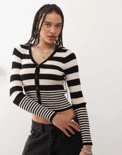 Noisy May Button Through Cardigan In Black And Cream Stripe For Women